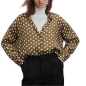 Women’s Zara Brown Satin Polka Dot Button-Down Blouse SZ M